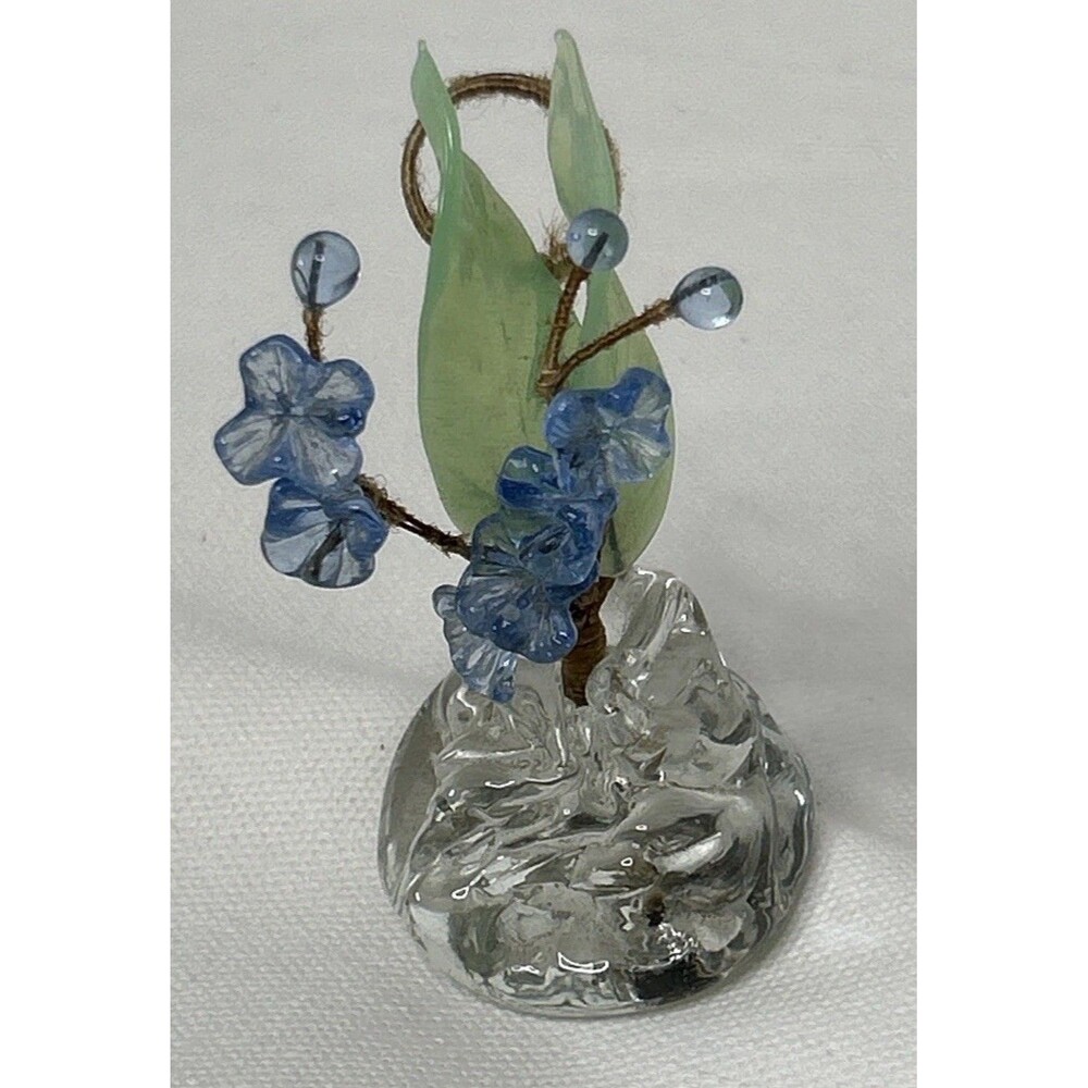 Vintage Name Card Holder Blue Glass Flowers Hand Blown Dainty Garden Party Ditsy